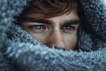 A man with blue eyes in an arctic environment, ice forming on his scarf that is covering his face to keep him warm in the winter