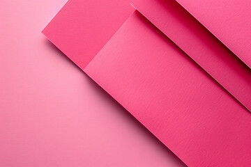 Poster - A flat lay of three pink paper sheets arranged at an angle, creating geometric shapes on the solid color background. The sheets have sharp edges and a glossy finish, adding to their elegance. 