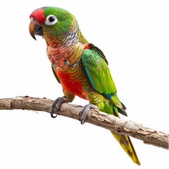 Wall Mural - A colorful green-cheeked conure with its vibrant green and red feathers, perched on a branch, isolated on white background.