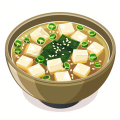 Wall Mural - A bowl of miso soup with tofu cubes, seaweed, and green onions, garnished with sesame seeds, isolated on white background.