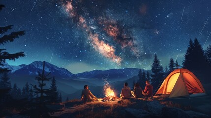 Five friends gather around campfire in mountainous spruce forest during summer evening, under starry sky with falling stars and Milky Way, enjoying fresh air near illuminated tent