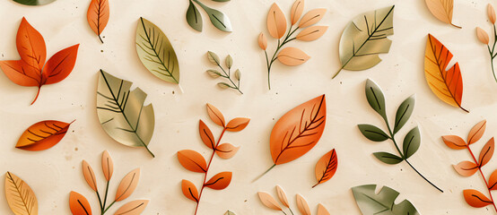 Poster - 
Abstract background with colorful leaves in the style of paper cut art, in beige and brown colors, in the style of painting,