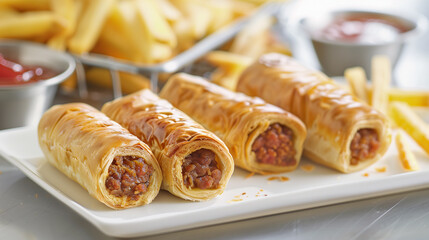 Wall Mural - Yummy party flaky beef mince sausage roll tomato ketchup sauce Australian fresh white plate banner hot savory pork snack quick lunch homemade food crispy puff pastry delicious easy budget dinner 