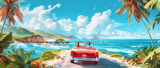 An enjoyable summer road journey with a youthful couple driving a convertible automobile in a vacation area with a panoramic banner 