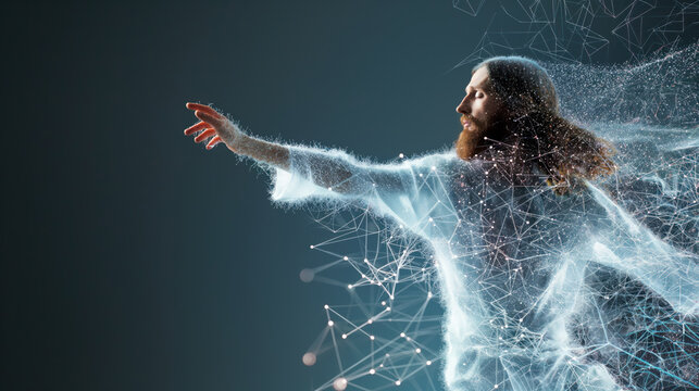 Multiple Exposure of Faithful Jesus Wearing Robe in Digital Art
