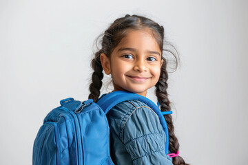 Cute indian little school girl child with backpack