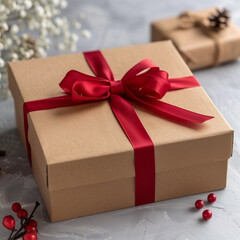 Wall Mural - Gift box with craft paper and red ribbon. Two hearts and bokeh background. Valentine's Day Greeting Card. 