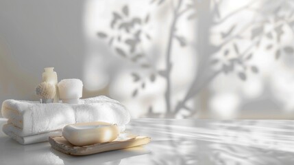 Wall Mural - Blurry white spa background with ceramic soap towel and empty space