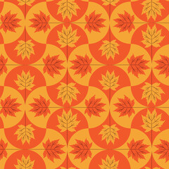 Wall Mural - Orange and Tangerine Autumn Maple Leaves on Geometric Scallop shapes seamless pattern. For autumn print, fabric and textile