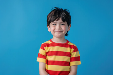 Wall Mural - happy and black hair Boy stripes red and yellow T-shirt, blue background