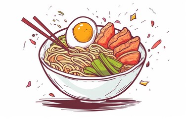 Bowl of ramen with sweet potato, egg and vegetables isolated on white background