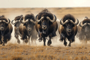 Charging Oxen herd in dry grassland