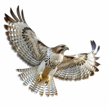 A powerful hawk in mid-flight, wings fully spread and talons ready, isolated on white background.