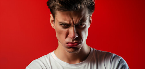 portrait of young beautiful man with angry expression, isolated on red and white backgrounds