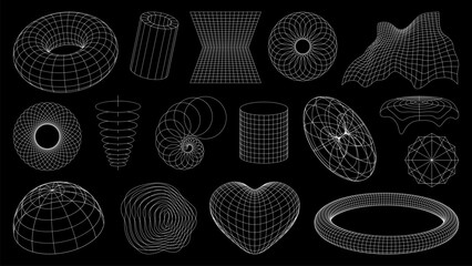Aufkleber - 3d wireframe shapes, brutal perspective grid, retro tech mesh vector line elements. Abstract geometric shapes of 3d wire frame sphere or globe, wave, torus and heart grid, tunnel and wave meshes