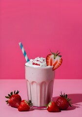 Wall Mural - A glass of strawberry milkshake with creams is served on pink background
