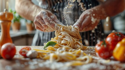 Close-up of hands making fresh pasta in the kitchen