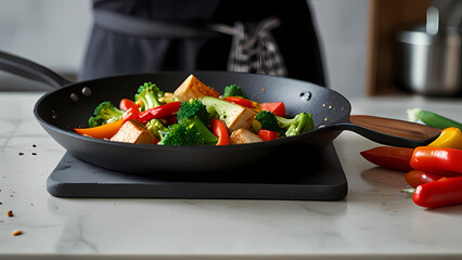 Wall Mural - Background featuring a veggie stir-fry with bell peppers, broccoli, snap peas, and tofu in a sizzling pan, with a backdrop of a modern kitchen with fresh ingredients on the counter.