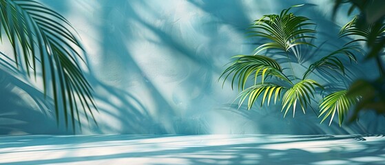 Wall Mural - Light blue studio background with shadow from palm leaves on the wall. Rays of the sun on the blue wall