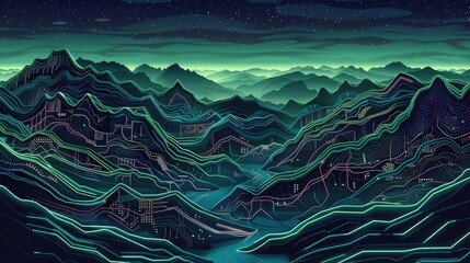 Wall Mural - A digital landscape featuring circuit board mountains