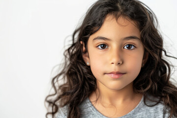 Sweet Hispanic school-aged girl with a confident look, facing the camera, isolated on white background.