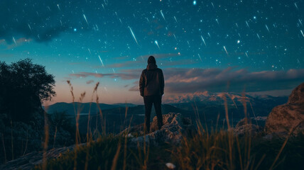 Wall Mural - a man standing on a cliff, watching a meteor shower.