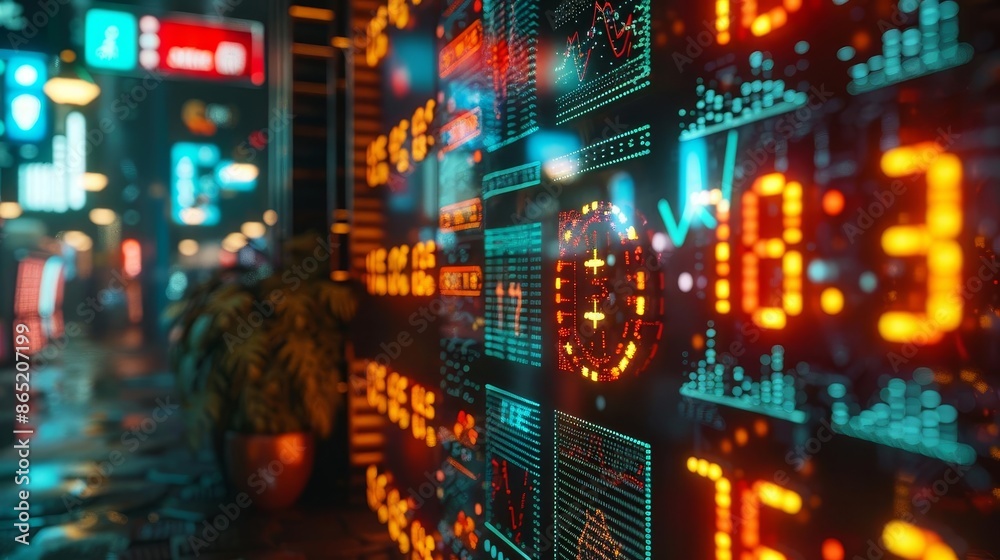 Corporate office wall adorned with illuminated financial symbols, including currency signs, stock exchange logos, and economic indicators