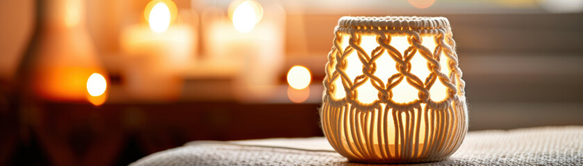 A candle holder with a white corded design sits on a table