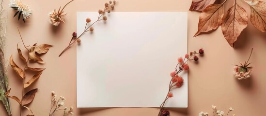 Poster - Composition of autumn: blank paper, dried foliage, and flowers on a soft beige backdrop. Embracing the essence of autumn. Flat lay design with space for text.