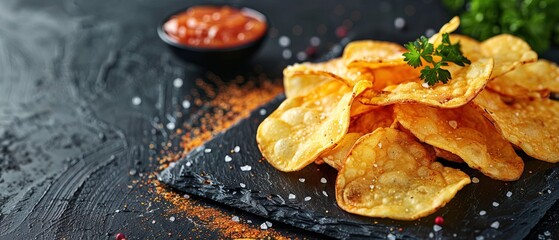 Wall Mural - Freshly made potato crisps with seasoning on a black stone plate