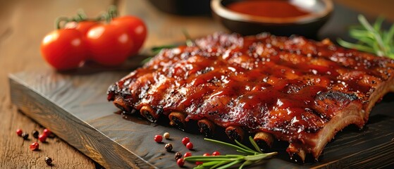 Wall Mural - Close up of juicy barbecue pork ribs, expertly sliced and seasoned for mouthwatering delight