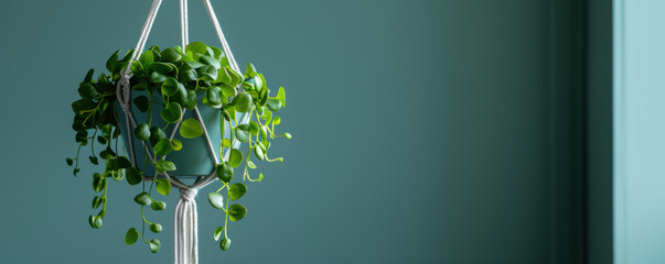 Wall Mural - A hanging plant in a green pot with a white string