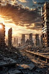 Poster - Ruins of city, apocalyptic urban landscape, doomsday. Scenery of futuristic apocalypse survivor, abandoned damage city, skyline. Global apocalyptic future conflict concept. Copy ad text space