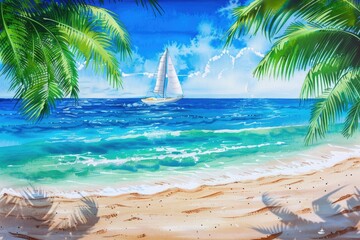 Wall Mural - Beautiful beach scene with clear blue water, white sand, palm trees, and a sailboat sailing on the horizon under a bright blue sky.