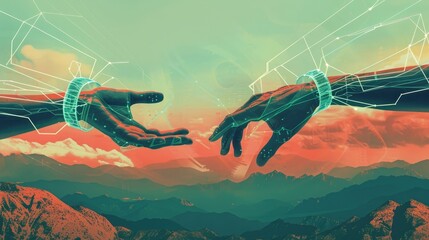 Wall Mural - A retro-futuristic of two human hands reaching out to each other, connected by a rope in a cybernetic landscape