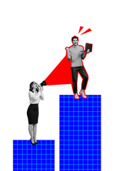 Aufkleber - Vertical poster collage young woman man career promotion loudspeaker coworkers success triumph leader achieve goal aim target