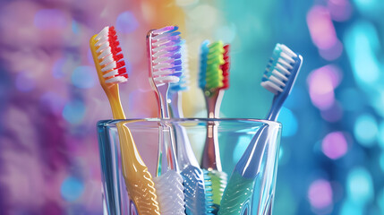 Wall Mural - a tooth-glass with color coded toothbrushes in the center of the image