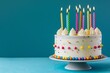 © Resni AI - Delicious birthday cake with colorful candles on a vibrant blue background. Perfect for celebrations, parties, and baking.