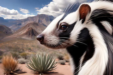 Watercolor of a striped skunk standing in a grass field. It has black fur and two white stripes running down its body.  It has a long and fluffy tail. Towering mountains stand behind the fields, 