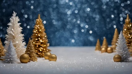 Wall Mural - festive Christmas snowy scene on blue background , with motion fall down sparkling blurred of lights. On both sides Christmas trees with golden baubles.