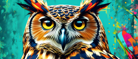 Wall Mural - Owl on turquoise background wearing colourful