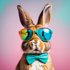 Wall Mural - Rabbit on turquoise background wearing colourful sunglasses