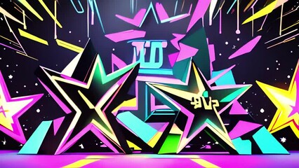 festive stage graffiti style background with an abstract transform stars in center with rays neon co