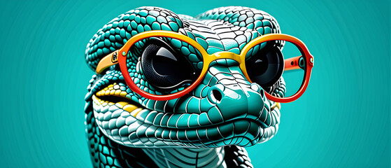 Wall Mural - Cobra on turquoise background wearing colourful sunglasses