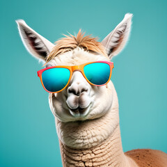 Wall Mural - Alpaca on turquoise background wearing colourful sunglasses