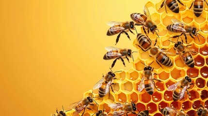 honeybee hive closeup of busy bees working on golden honeycomb empty space for text concept illustration