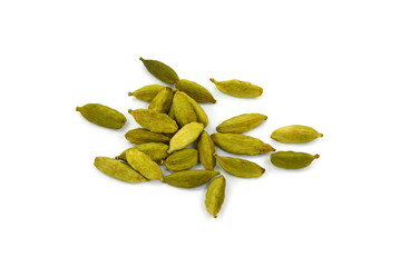 Wall Mural - Pile of cardamom or cardamon seeds spice isolated on white background. Dried cardamom seeds isolated on white