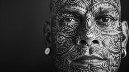 A portrait of a person with facial tattoos each one holding a significant cultural or personal meaning. Black and white art