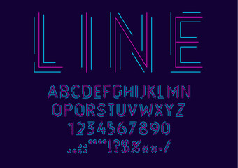 Canvas Print - Line neon font, modern futuristic type vector typography set. English alphabet tech typeface with future technology digital letters and numbers. Abstract minimal neon line abc characters and symbols