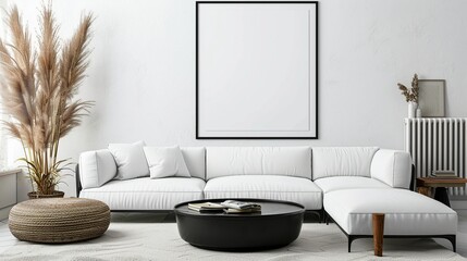 Sleek Scandinavian living room with comfortable white sofa and abstract wall frames.